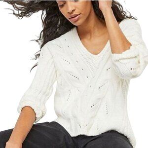 Anthropologie White Ramona Cable-knit V Neck Alpaca Blend Chunky Sweater Size XL